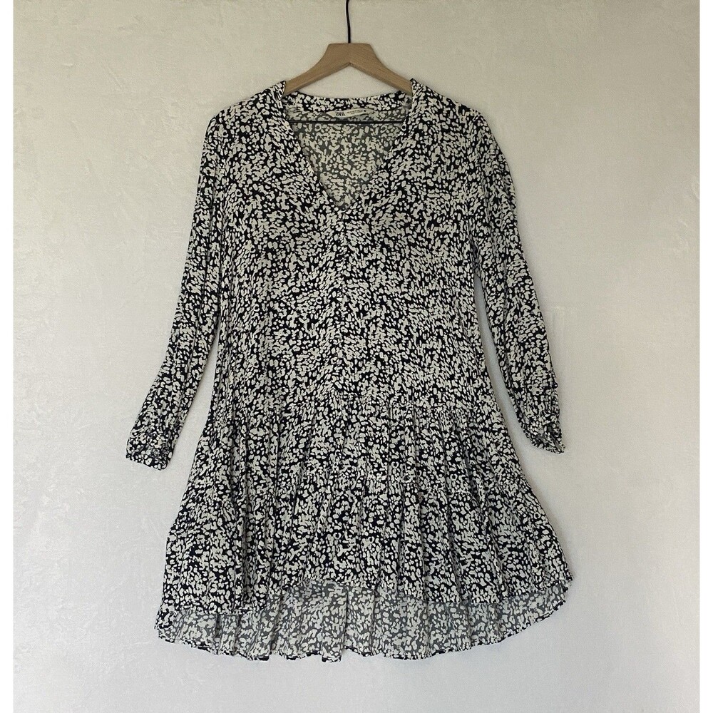 Zara Black Cream Printed Tiered Mini Dress Long Sleeve V Neck Size XS